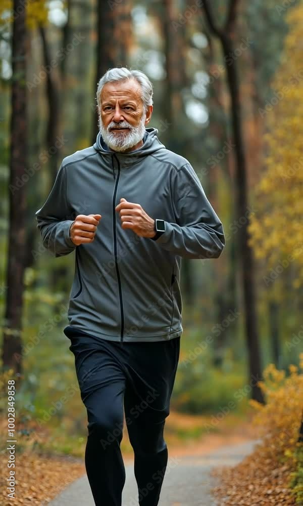 An old man in sportswear is jogging in a woodland, checking his smartwatch. An old man in sportswear is jogging in a woodland, checking his smartwatch.