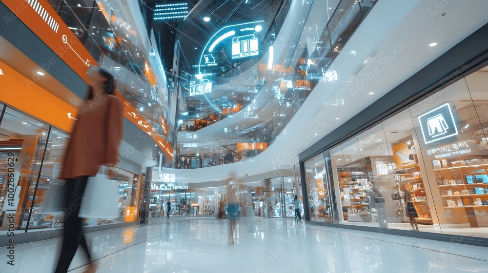 Futuristic abstract representation of a shopping mall in a digital cyberspace landscape with various sales percentages and discounts floating over the different store fronts Futuristic abstract representation of a shopping mall in a digital cyberspace landscape with various sales percentages and discounts floating over the different store fronts