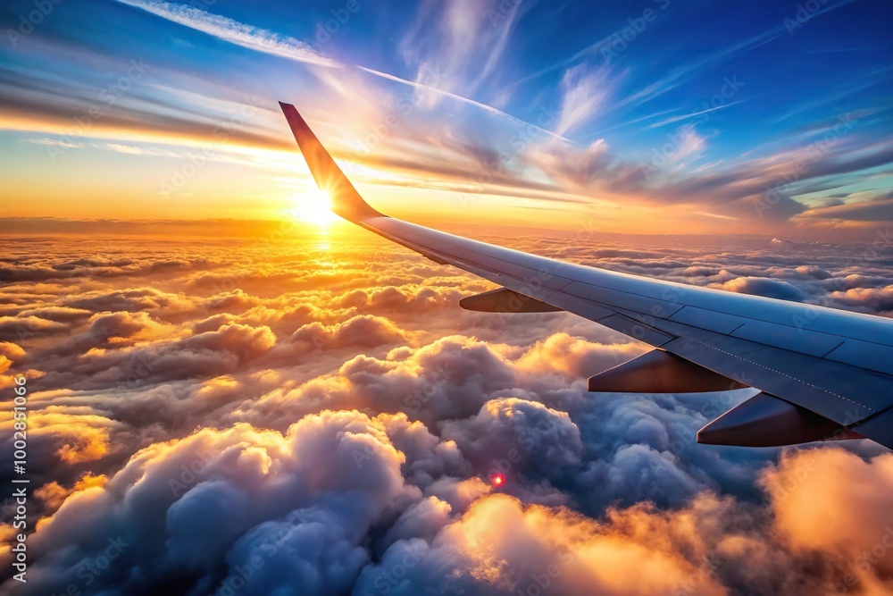 A beautiful silhouette of an airplane wing against the sunset clouds A beautiful silhouette of an airplane wing against the sunset clouds