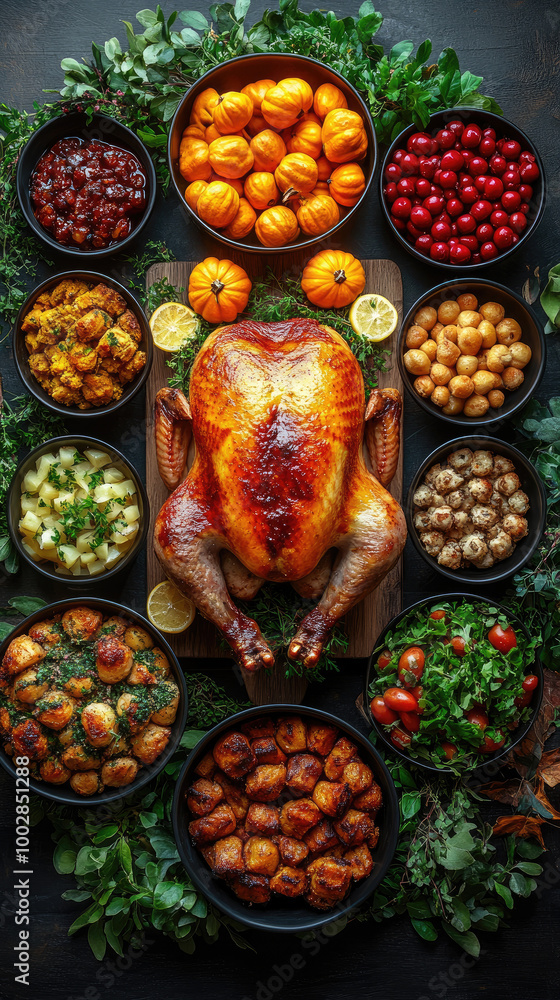 Christmas or Thanksgiving dinner with turkey roasted and all sides dishes and seasonal autumnal decor on rustic wooden background, creating a festive. Christmas or Thanksgiving dinner with turkey roasted and all sides dishes and seasonal autumnal decor on rustic wooden background, creating a festive.