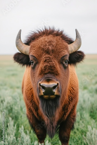 A close-up of a bison in a grassy field, showcasing its features and habitat.