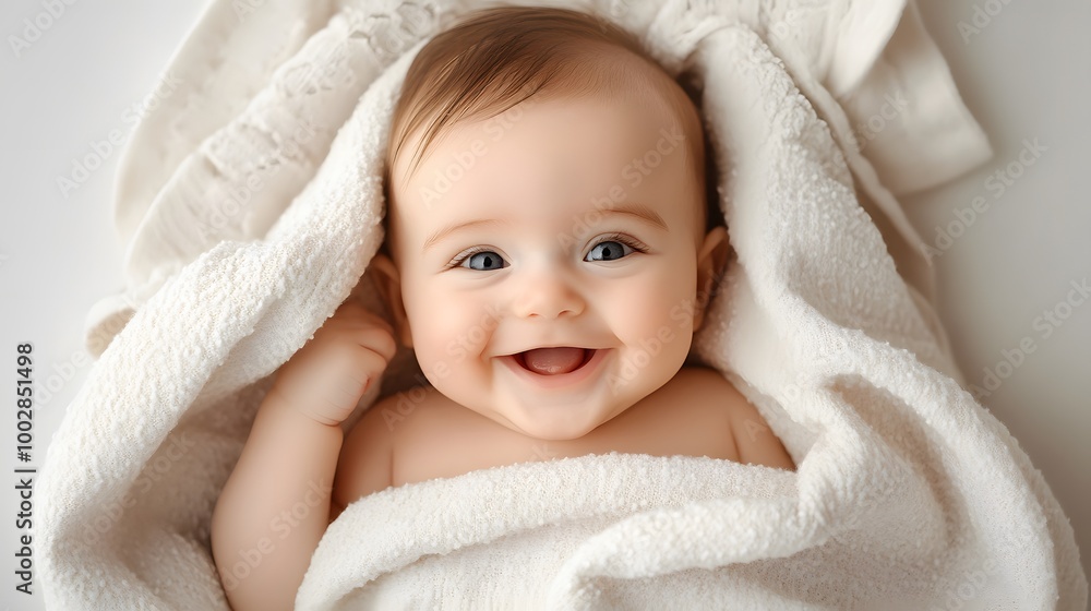 Happy baby wrapped in a soft blanket, capturing pure childhood innocence. Happy baby wrapped in a soft blanket, capturing pure childhood innocence.