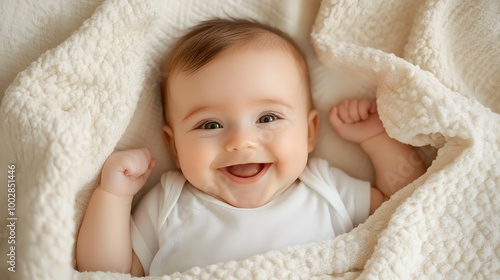 Innocent baby under a gentle blanket, radiating happiness and warmth. photo