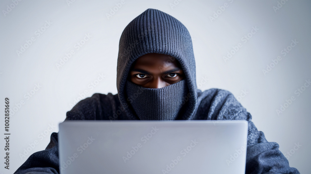 Cyber security concept .Hacker wearing mask try to attack system . Cyber security concept .Hacker wearing mask try to attack system .