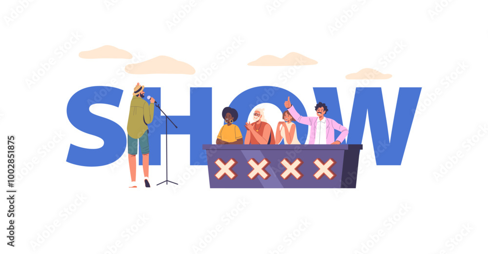 Illustration Of A Talent Show With Diverse Judges And A Singer Performing On Stage. Judges Characters Sit Behind A Desk Illustration Of A Talent Show With Diverse Judges And A Singer Performing On Stage. Judges Characters Sit Behind A Desk
