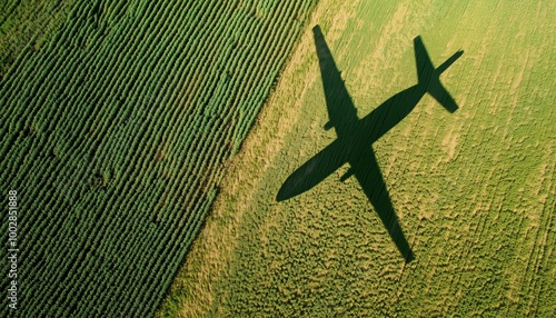 Agricultural Field With Plane Shadow: Concept Of Decarbonization And Biofuel. .The Shadow Of The Aircraft Falls On The Fertile Land Below. Emphasizing Eco-Friendly Fuel Sources.