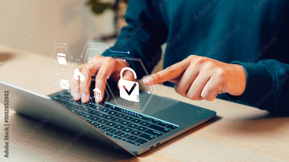 Internet network Document security concept, Businessman Inspection Paperwork Document of Business Data user privacy security and encryption, secure internet access Future technology and cybernetics.