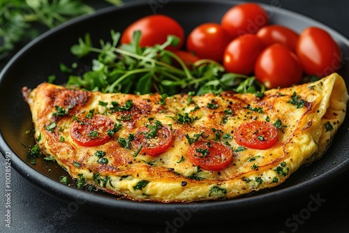 Fresh homemade omelette with mushrooms, feta cheese and herbs. A healthy protein breakfast with mushrooms and spinach