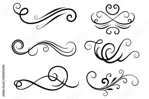 Vintage Filigree Swirls, calligraphy font style Decorative Elements, Text Ornaments curly thin line swings swashes, Flourishes Swirls, text divider, flourish Swirl ornament stroke, scroll design