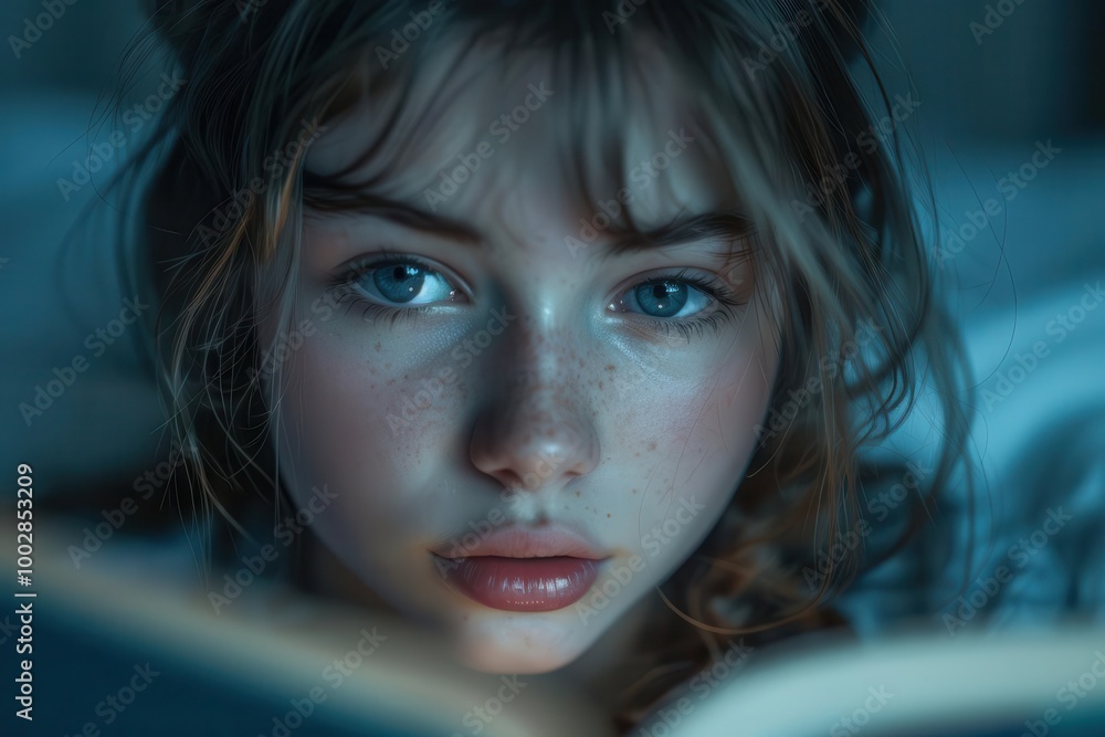 Close-up of a girl reading a Bible storybook before bedtime detailed textures and precision Close-up of a girl reading a Bible storybook before bedtime detailed textures and precision