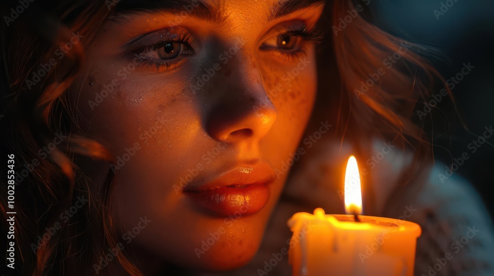 Realistic scene of a woman lighting a candle in memory of a loved one high-definition clarity Realistic scene of a woman lighting a candle in memory of a loved one high-definition clarity
