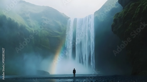 Mesmerizing waterfall cascading into a serene pool below creating a breathtaking display of mist and vibrant rainbows that symbolize the beauty and power of nature s water energy photo