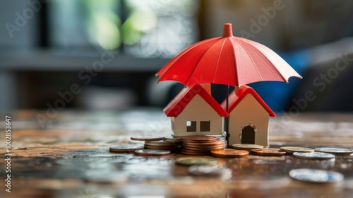 Wallpaper Mural Model of umbrella with house and coins on wooden table concept of the system of insurance savings and the cost of health insurance  Torontodigital.ca