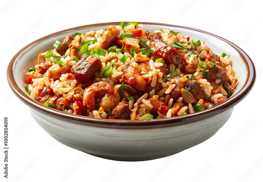 Jambalaya rice dish in a bowl. On transparent background. PNG Jambalaya rice dish in a bowl. On transparent background. PNG