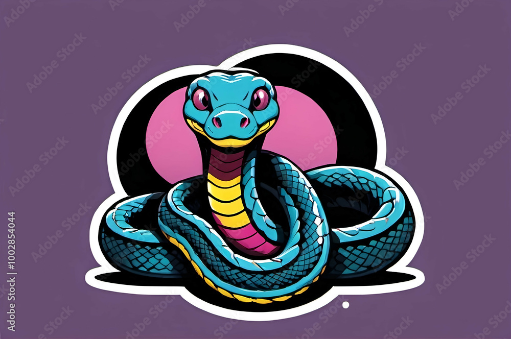 Obraz premium A vibrant image of a blue snake with pink and yellow accents. The snake has large, expressive eyes and a confident pose. It is surrounded by a black circle and set against a purple background, creatin