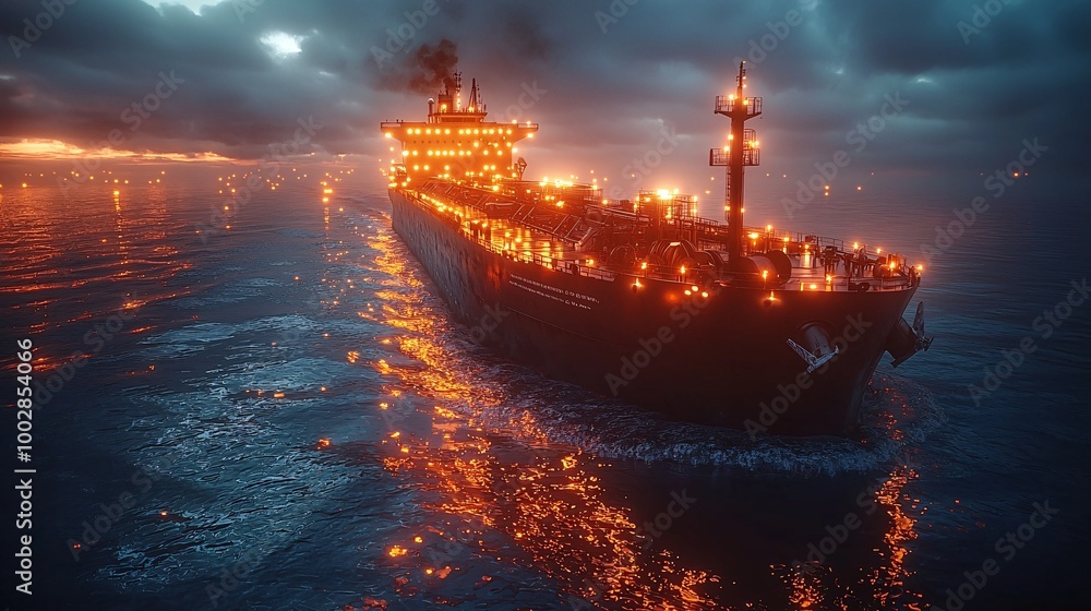 Render a scene where a futuristic cargo ship sails through virtual shipping lanes highlighted by digital supply chain routes Render a scene where a futuristic cargo ship sails through virtual shipping lanes highlighted by digital supply chain routes