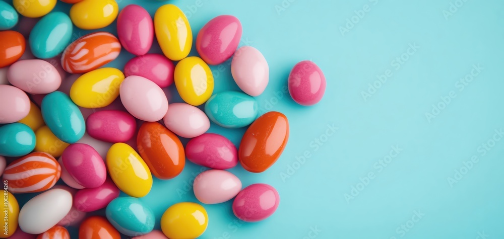 Colorful candy-coated chocolate eggs on a blue background. Colorful candy-coated chocolate eggs on a blue background.