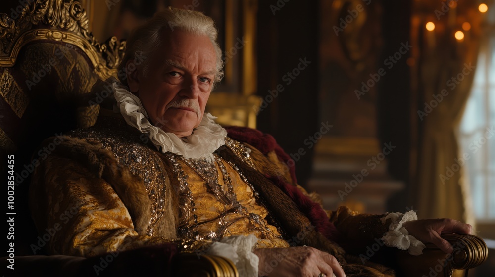 Regal monarch seated on ornate throne, exuding authority Regal monarch seated on ornate throne, exuding authority