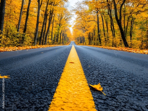 Bright landscape of a road across auttumn forest with fallen orange and yellow leafs photo