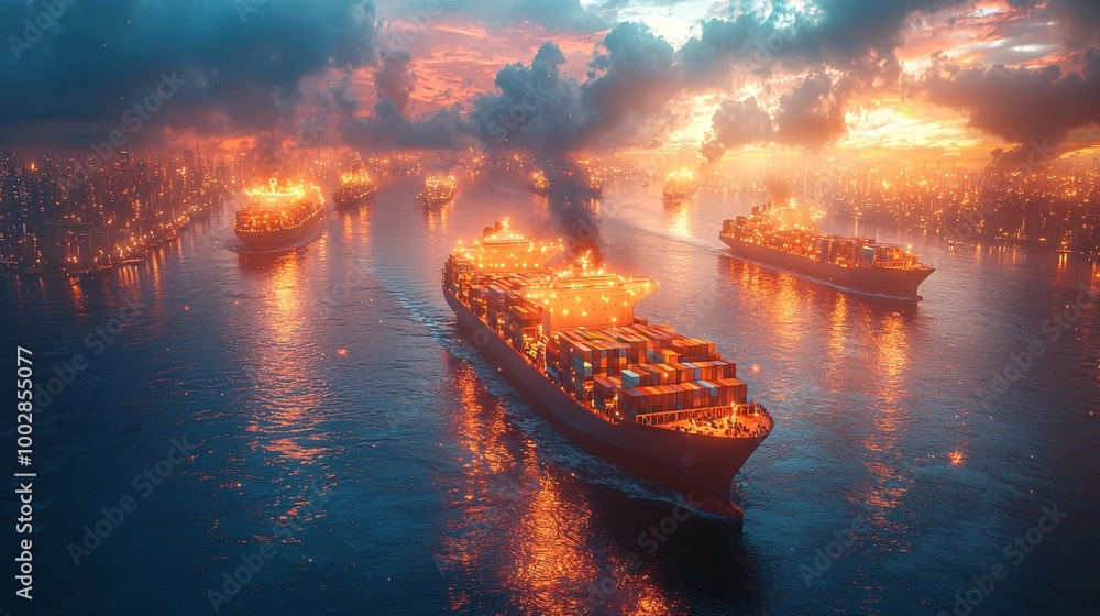Render a scene where futuristic cargo ships cross global shipping lanes, lit up by data streams and holographic maps Render a scene where futuristic cargo ships cross global shipping lanes, lit up by data streams and holographic maps