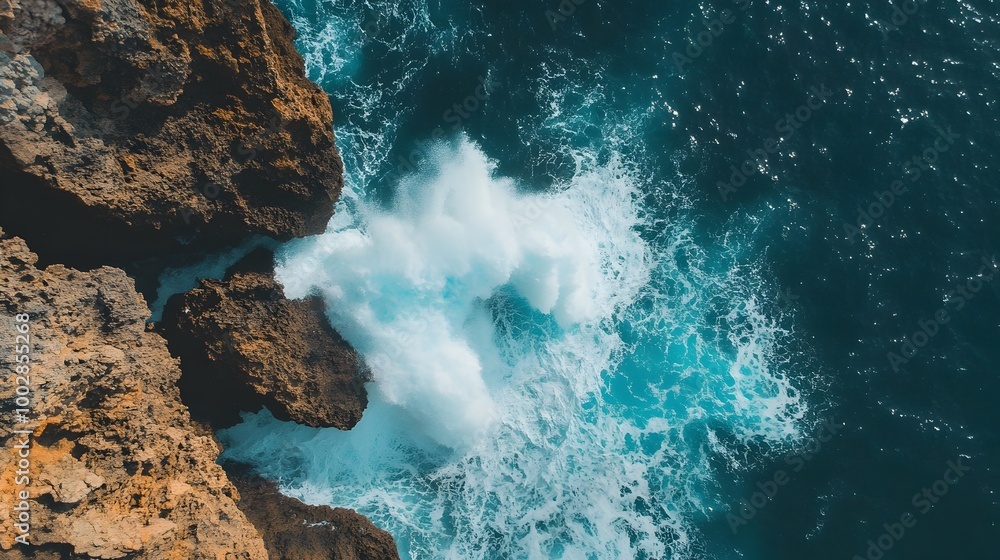 Obraz premium Powerful ocean wave crashing forcefully against rugged rocky cliffs symbolizing the raw power and dynamic energy of the natural world along the coastline