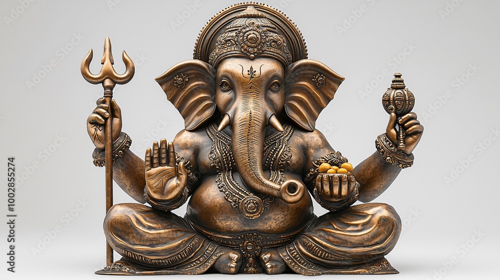 Fototapeta premium Golden Ganesh statue embodying wisdom and prosperity, ideal for Diwali celebrations, invitations, decor, and religious ceremonies.