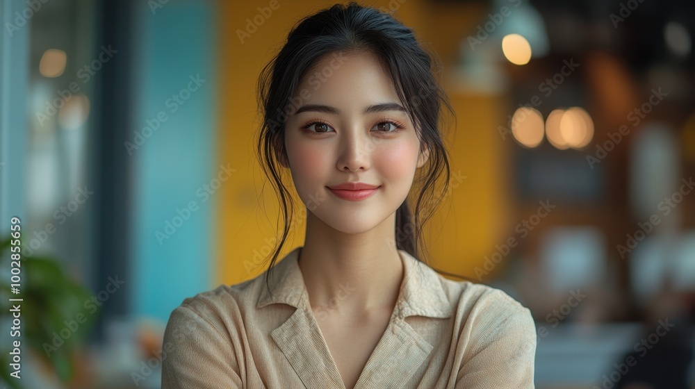Asian woman in a professional pose, arms crossed, in front of a yellow and cyan flat background with subtle diagonal contrast Asian woman in a professional pose, arms crossed, in front of a yellow and cyan flat background with subtle diagonal contrast