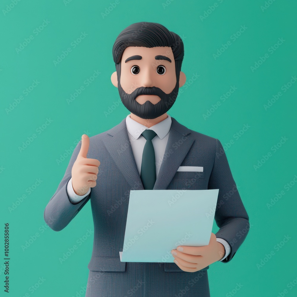 Businessman with a thumbs-up gesture holding document, isolated green background. Businessman with a thumbs-up gesture holding document, isolated green background.