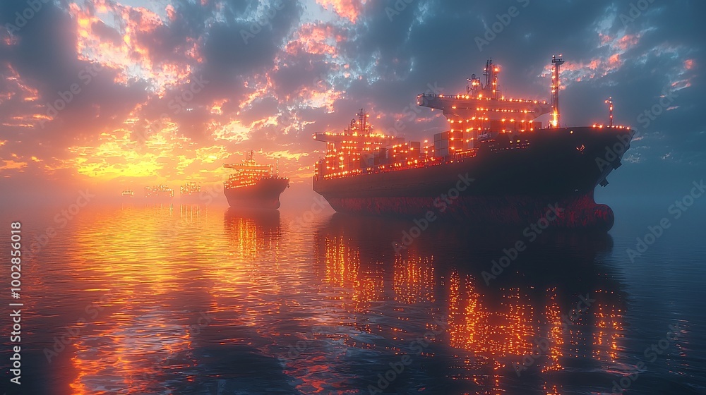 Visualize futuristic cargo ships powered by AI and renewable energy, seamlessly moving along glowing global supply chains Visualize futuristic cargo ships powered by AI and renewable energy, seamlessly moving along glowing global supply chains