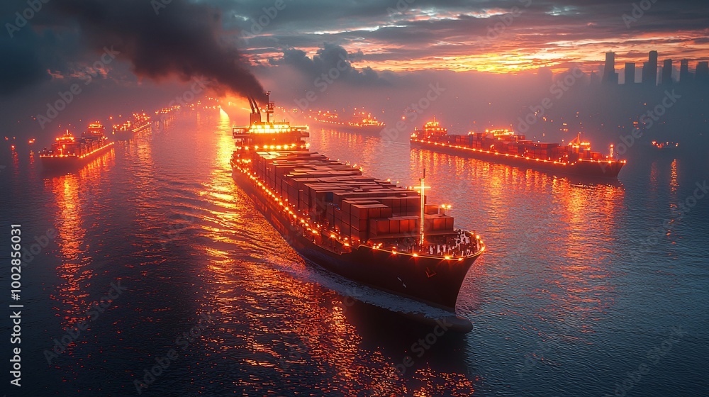 Visualize futuristic cargo ships powered by AI and renewable energy, seamlessly moving along glowing global supply chains Visualize futuristic cargo ships powered by AI and renewable energy, seamlessly moving along glowing global supply chains