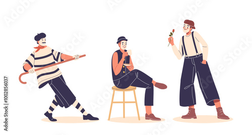Mimes In Makeup Engaged In Playful Activities. One Eating Noodles, One Offering A Rose, And One Performing With A Cane