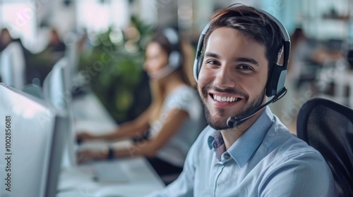 Smiling customer service representative working on a computer at call center and looking at camera. 