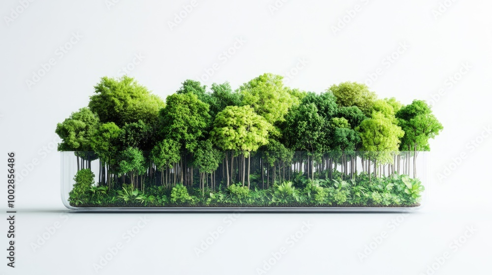 A dense cluster of Amazon rainforest trees, vibrant green foliage ...