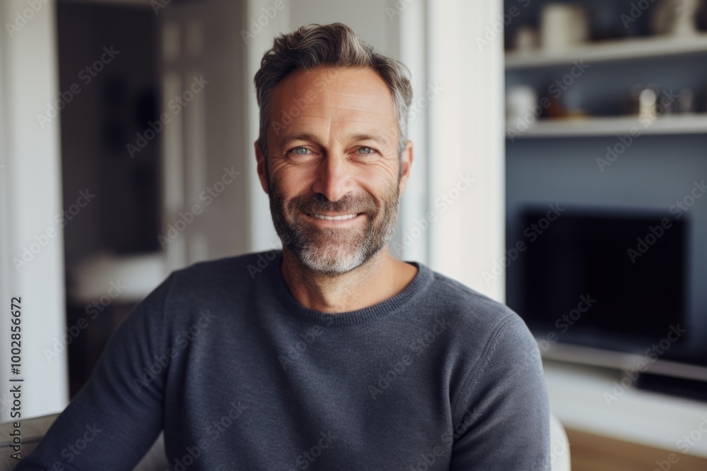 Portrait of a satisfied man in his 40s wearing a cozy sweater over crisp minimalistic living room Portrait of a satisfied man in his 40s wearing a cozy sweater over crisp minimalistic living room