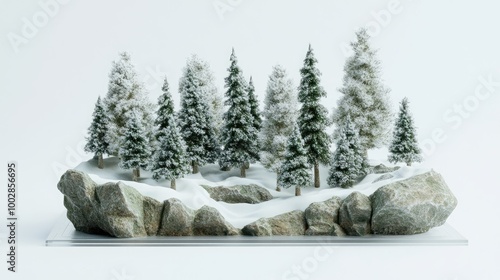 A miniature model of the Himalayan forest, with snow-covered trees and rocky terrain, carefully sealed in clear packaging and placed on a plain white background, showcasing nature's solitude. photo