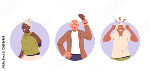 Isolated Vector Round Icons Or Avatars With Cartoon Older Adult Characters Displaying Aggressive Emotions or Expressions