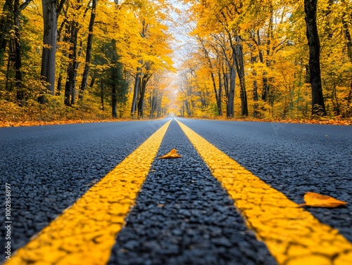 Bright landscape of a road across auttumn forest with fallen orange and yellow leafs photo