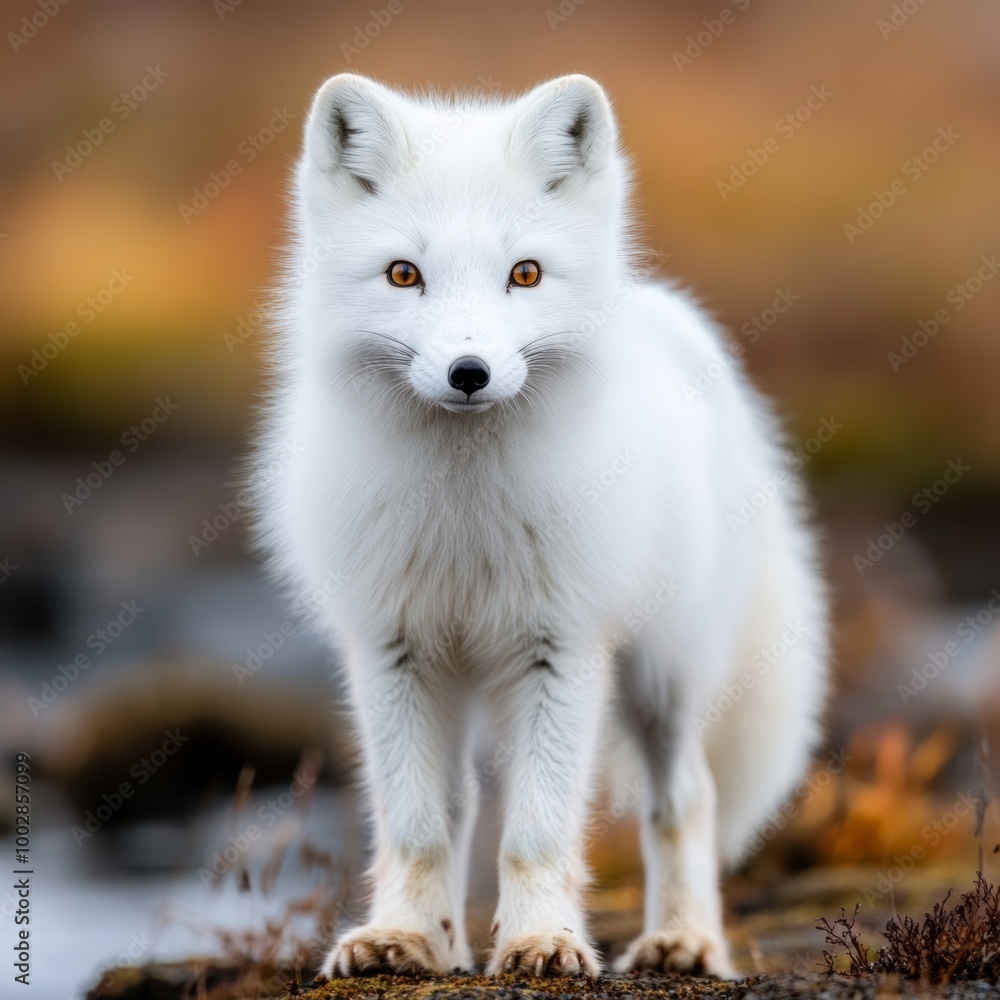 A close-up of a white Arctic fox standing in a natural setting. A close-up of a white Arctic fox standing in a natural setting.