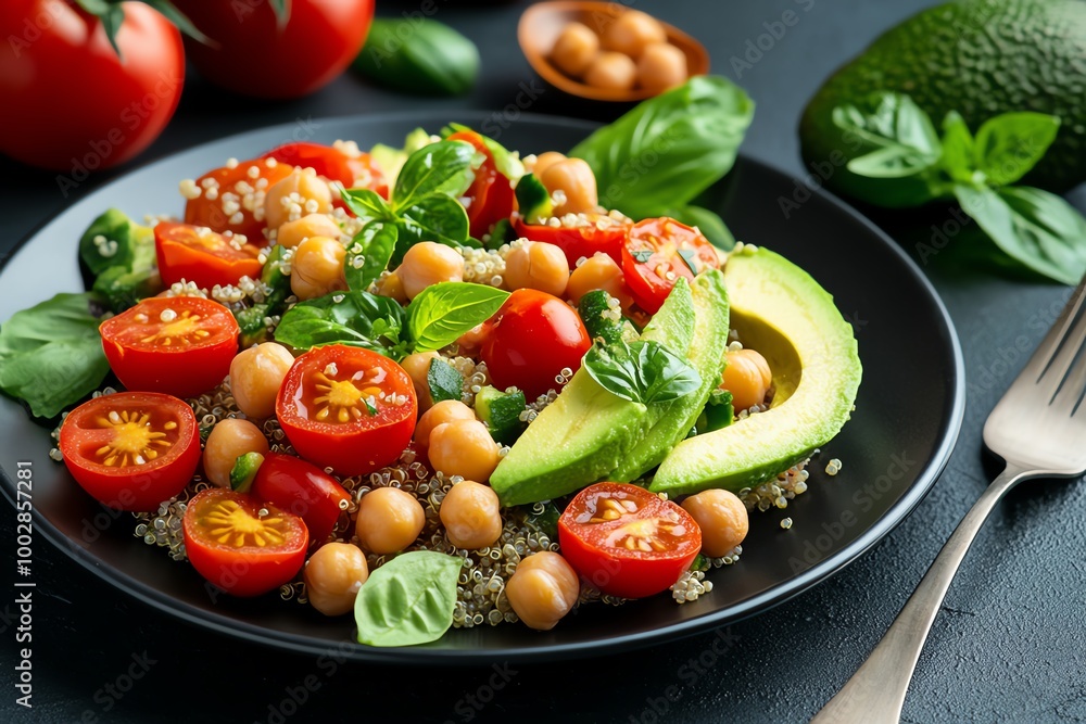 A colorful quinoa salad with cherry tomatoes, avocado, and chickpeas, perfect for a plant-based, nutrient-dense meal A colorful quinoa salad with cherry tomatoes, avocado, and chickpeas, perfect for a plant-based, nutrient-dense meal