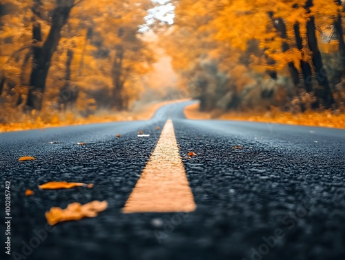 Bright landscape of a road across auttumn forest with fallen orange and yellow leafs photo