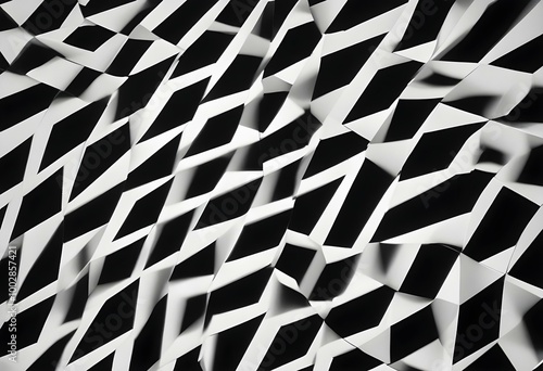A black and white abstract image with a repeating pattern of diagonal lines and squares, creating a visually striking optical illusion