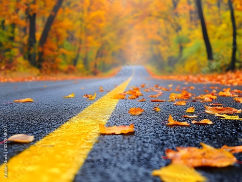 Bright landscape of a road across auttumn forest with fallen orange and yellow leafs photo