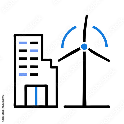 Building and Wind Turbine Icon with Blue Accents, ESG Green Energy Concept