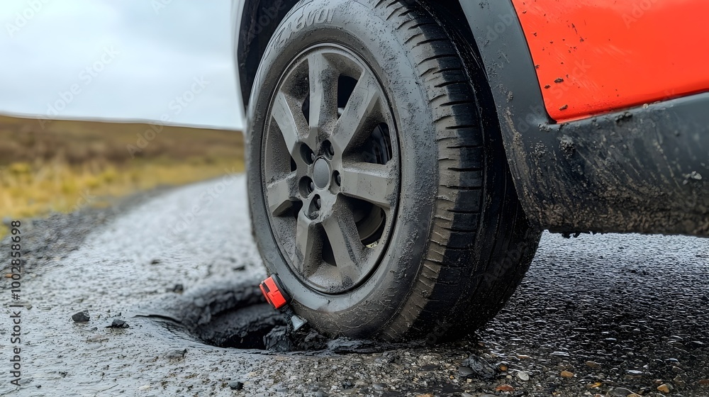 Successful Tire Repair Showcasing Newly Inserted Plug and Fully Inflated Tire After a Breakdown on the Road Successful Tire Repair Showcasing Newly Inserted Plug and Fully Inflated Tire After a Breakdown on the Road