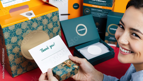 collection of bespoke packaging materials, including intricately patterned boxes and a “Thank you!” card