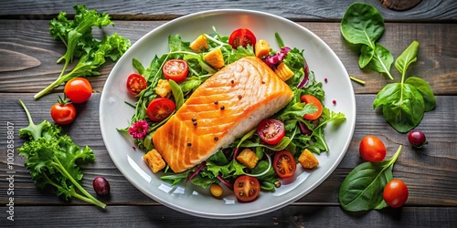 A delicious salmon fillet served with fresh salad seen from above
