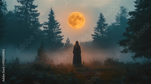 In a tranquil forest, a pagan priestess gazes at a vibrant full moon, surrounded by mist and silhouetted trees, capturing the essence of mysticism and nature