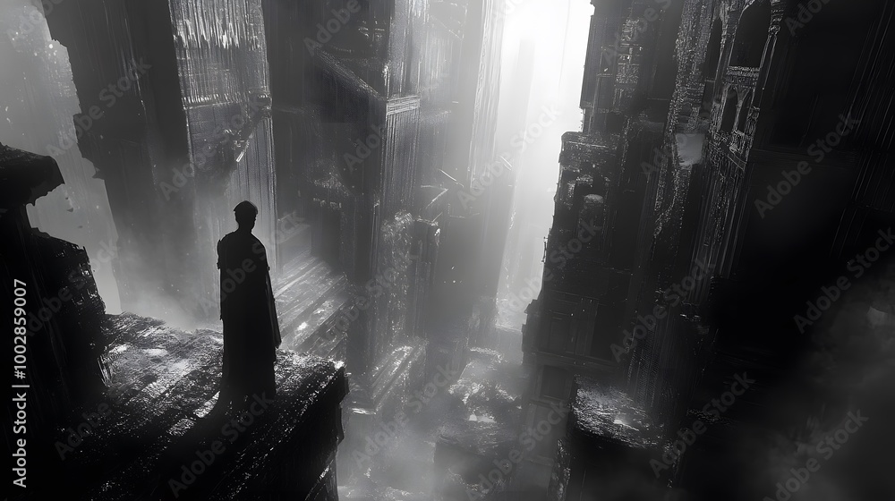 Silhouetted Figure in Misty Urban Alleyway with Dramatic Lighting and Moody Atmosphere Silhouetted Figure in Misty Urban Alleyway with Dramatic Lighting and Moody Atmosphere