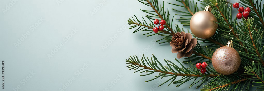 Close-up of Christmas tree branch with red and gold ornaments Close-up of Christmas tree branch with red and gold ornaments