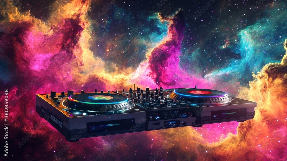 A futuristic DJ setup floats amidst vibrant cosmic colors, blending music and space in a mesmerizing visual experience. A futuristic DJ setup floats amidst vibrant cosmic colors, blending music and space in a mesmerizing visual experience.